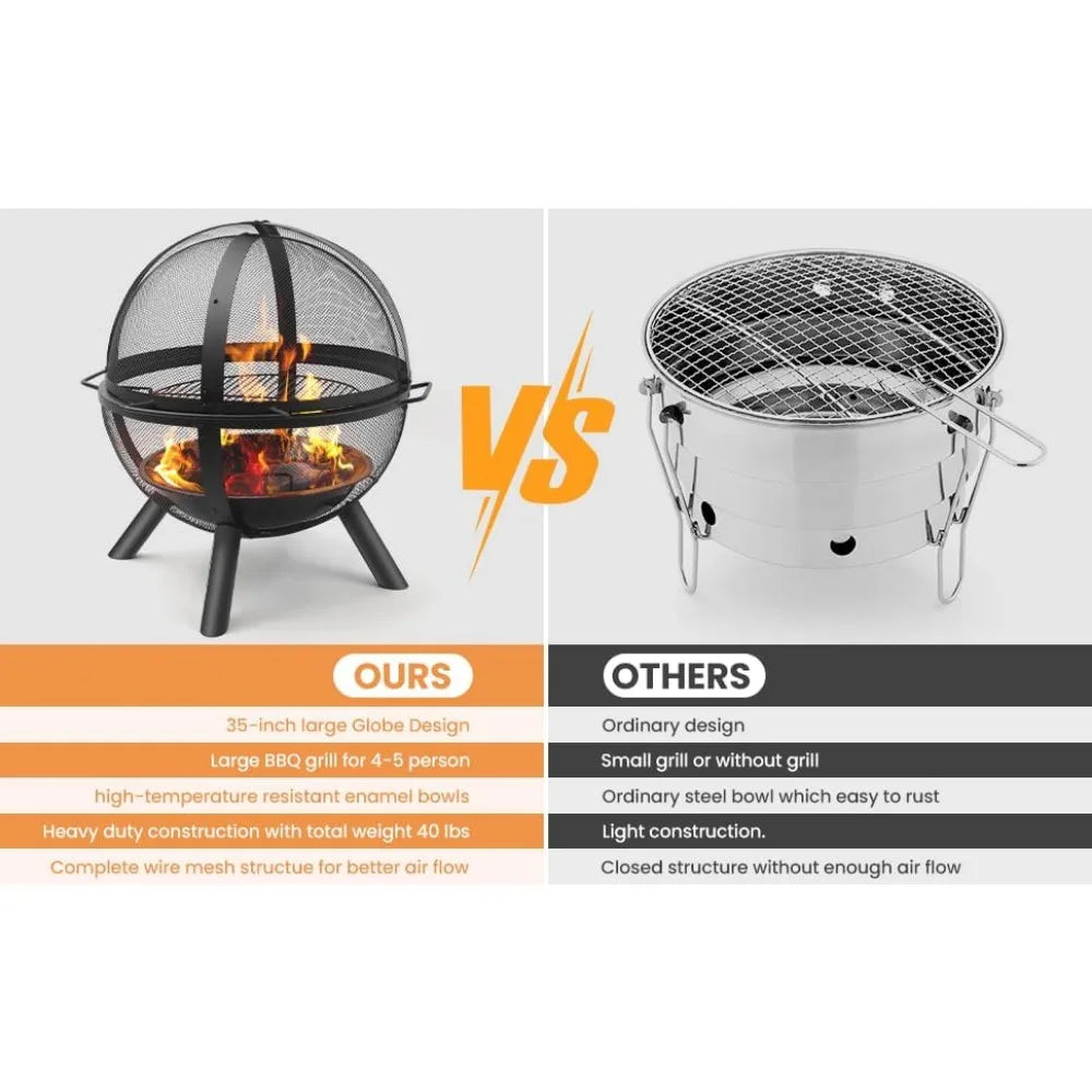 35" Outdoor fire Pit with BBQ Grill Globe for Camping, Heating, Bonfire and Picnic
