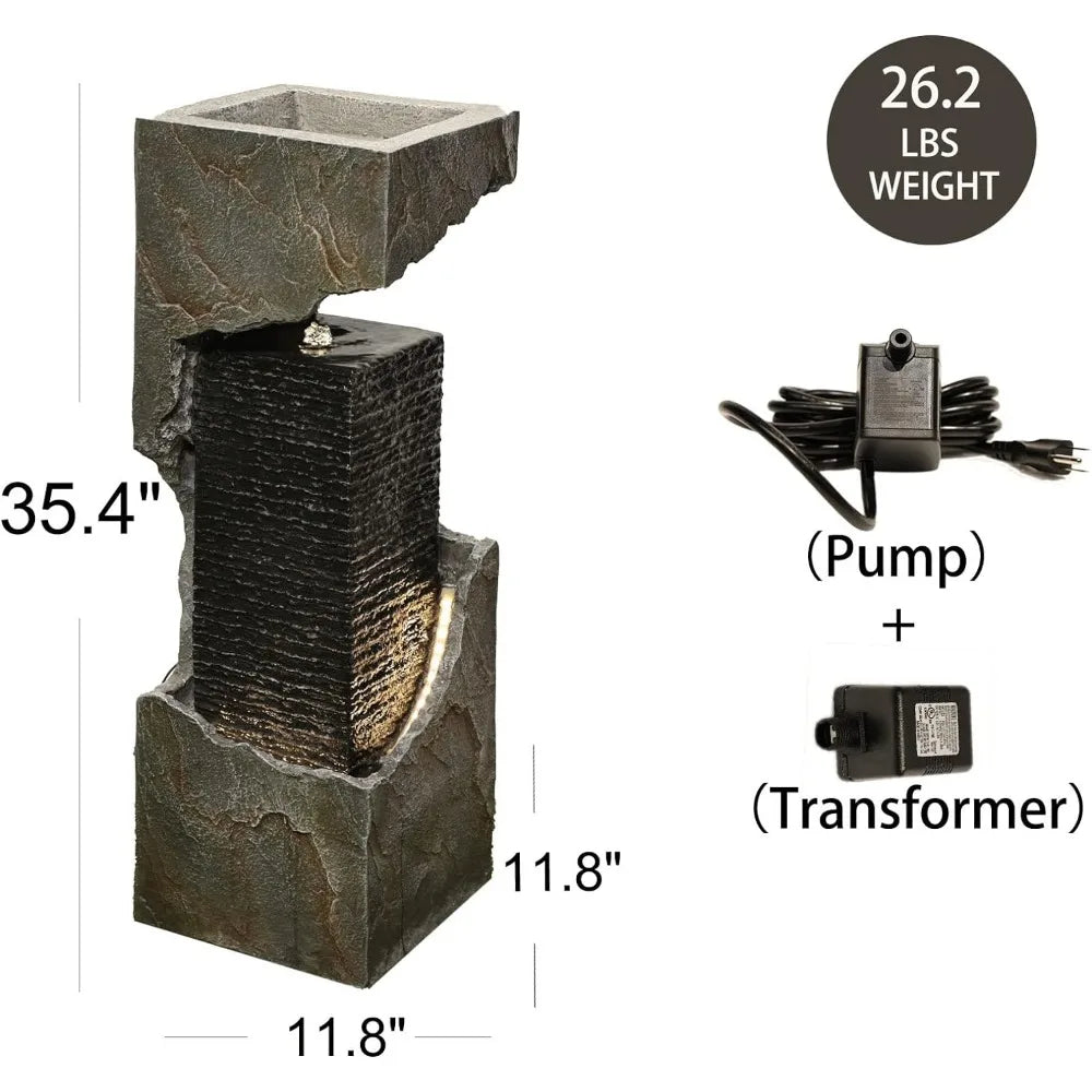 Modern Outdoor Water Fountain 35.4 inches Floor Standing with LED Lights and Pump