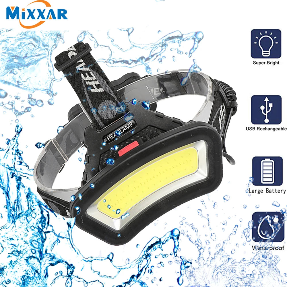 Wide Angle COB LED Headlight Use 2x18650 Battery USB Rechargeable For Outdoor Hiking