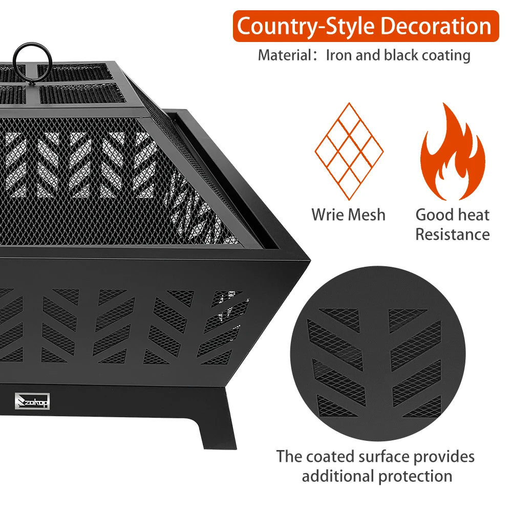 Outdoor Wood Fire Pit 26 Inch with Flame-Retardant Spark Guard Black