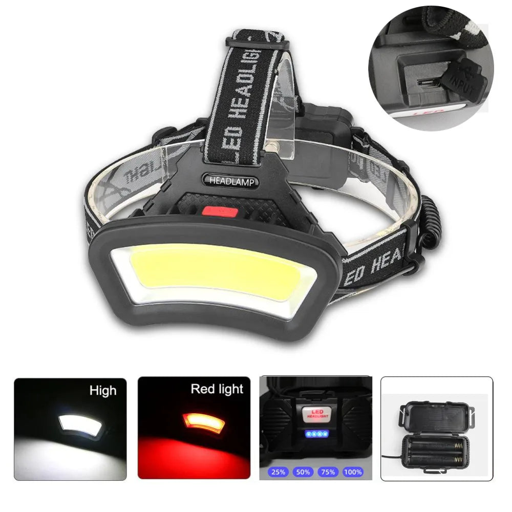 Wide Angle COB LED Headlight Use 2x18650 Battery USB Rechargeable For Outdoor Hiking