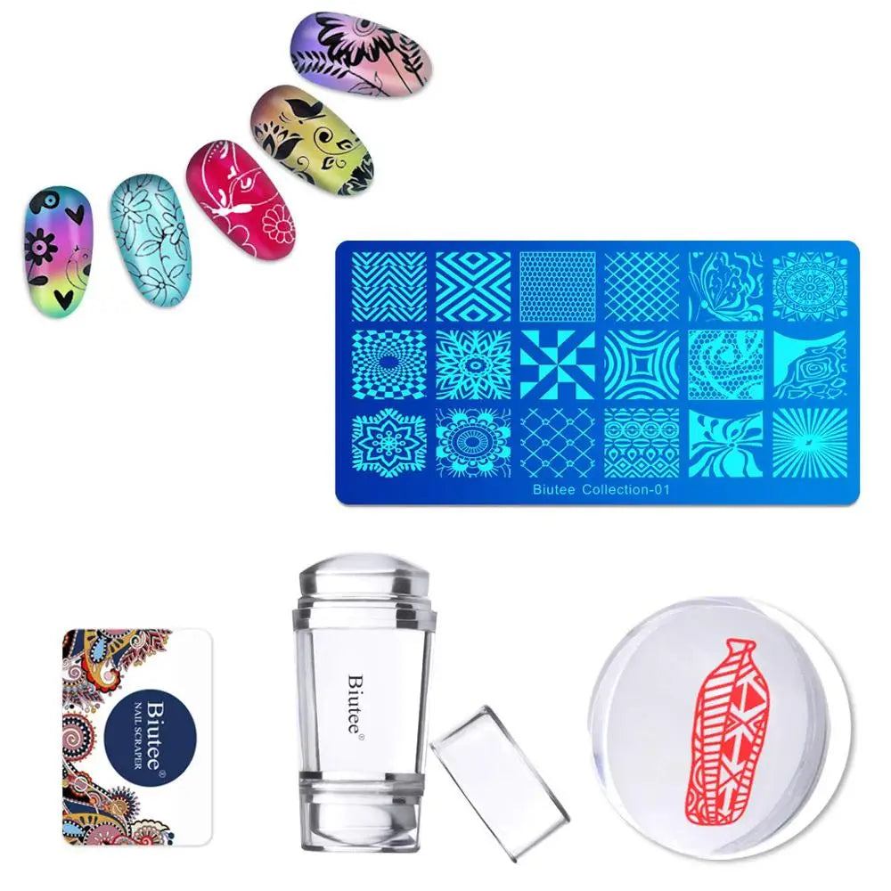 Hot Nail Art Stamping Set Plate Scraper Stamper Flower 5 plate storage bag