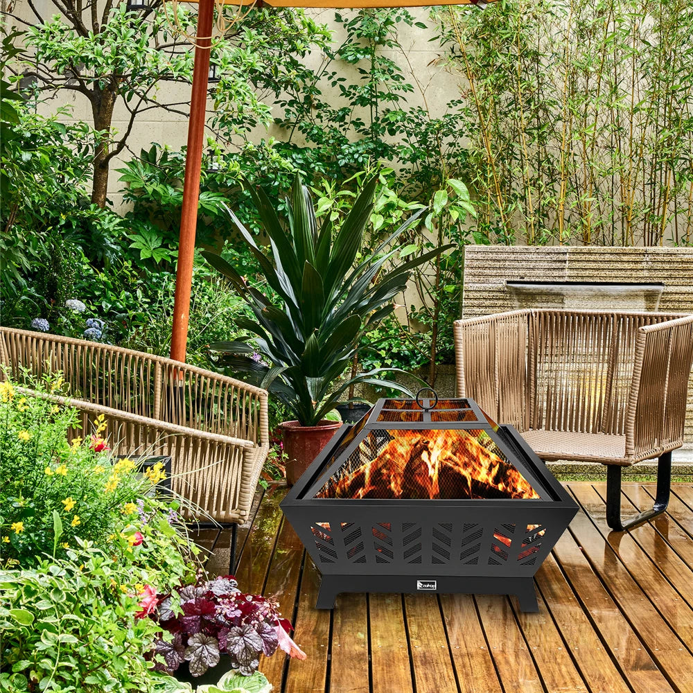 Outdoor Wood Fire Pit 26 Inch with Flame-Retardant Spark Guard Black