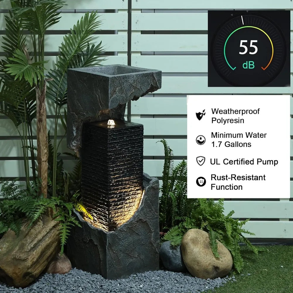 Modern Outdoor Water Fountain  35.4 inches Floor Standing with LED Lights and Pump