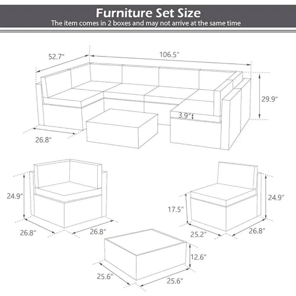 7-piece modular wicker patio furniture set PE rattan with pillowtop cushions and coffee table