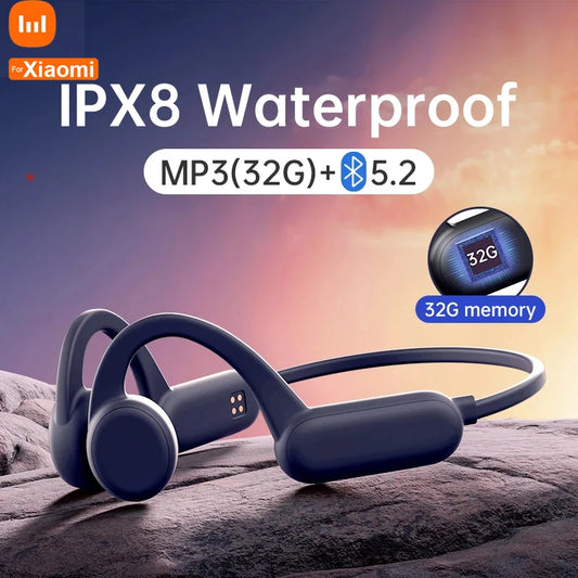 Portable Bone Conduction Headphones IPX8 Waterproof Bluetooth 5.2 Sport 32G RAM Headset