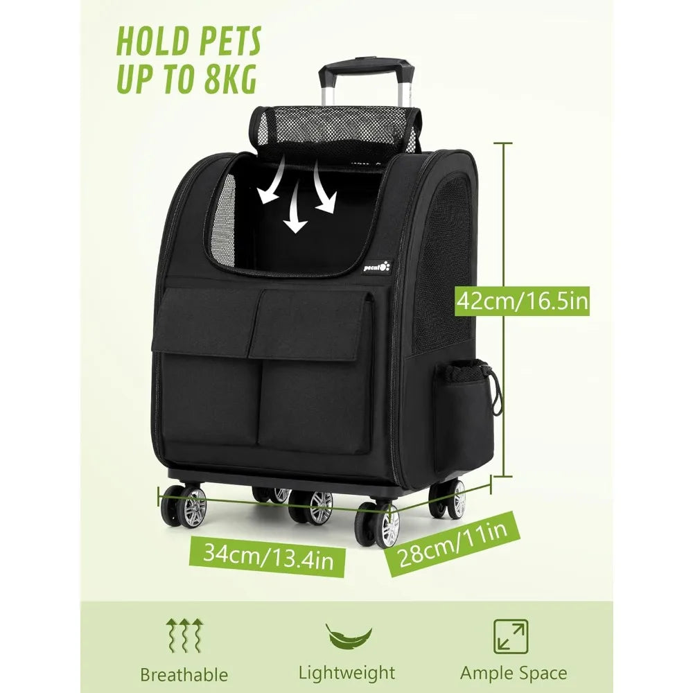 Large Collapsible Rolling Pet Carrier with Detachable Adjustable Trolley