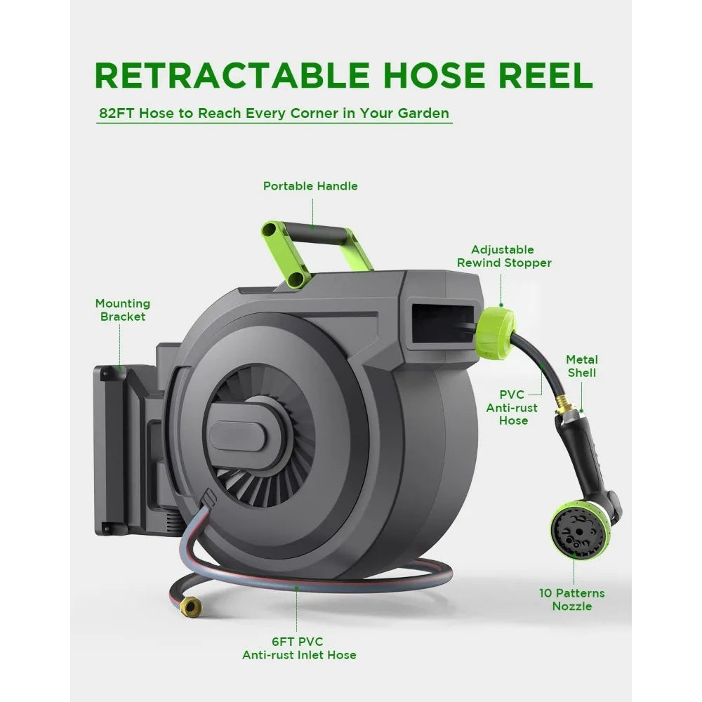 6 ft Wall Mounted Garden Hose Reel, 5/8 Inch x 82 ft with Auto Slow Rewind System