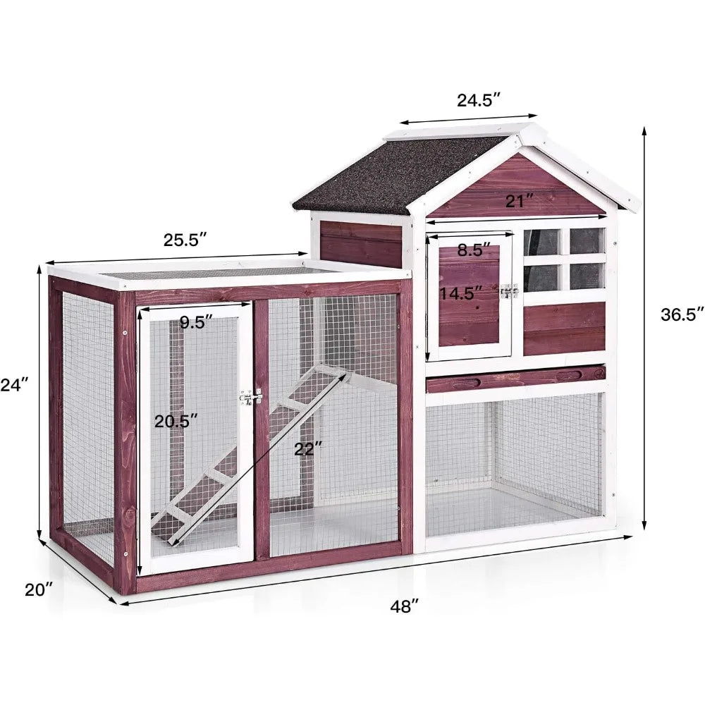 Indoor Outdoor Wooden Rabbit Hutch with Run Waterproof Roof & Pull Out Tray