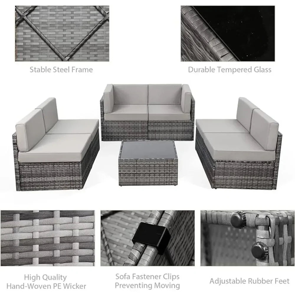 7-piece modular wicker patio furniture set PE rattan with pillowtop cushions and coffee table