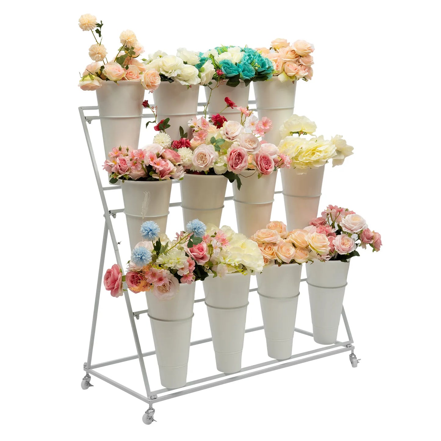 3 Layers White Metal Flower Display Plant Stand with Wheels / 2x White Tapered Bucket