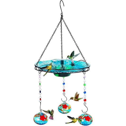 Hanging Solar Hummingbird Feeder and Bird Bath for Outdoors 2-in-1