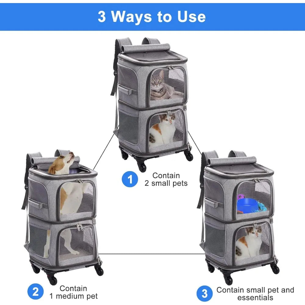 Double Rolling Pet Carrier Backpack with Wheels for Small Cats and Dogs