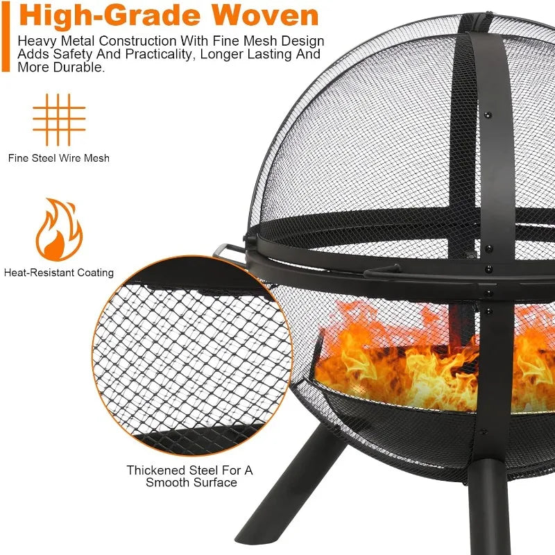 35" Outdoor fire with BBQ Grill Globe for Camping, Heating, Bonfire and Picnic