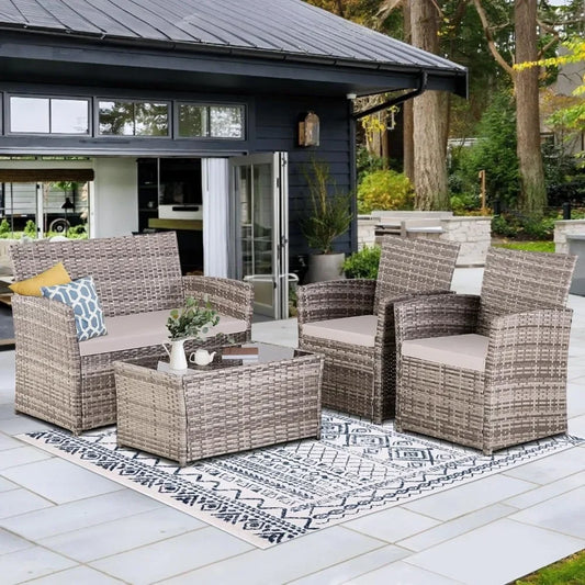 4 Piece Wicker Patio Furniture Set, Rattan Sectional Sofa w/Coffee Table