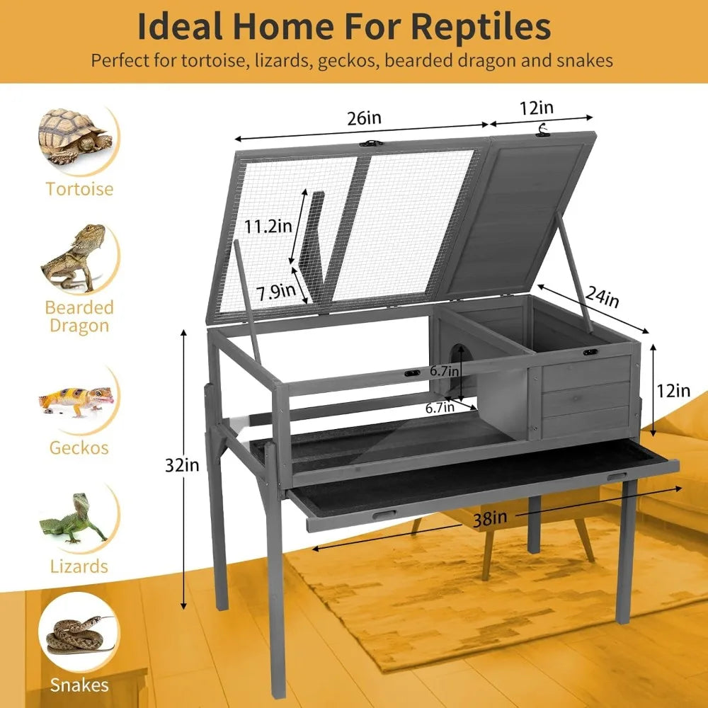 Indoor & Outdoor, Wooden Habitat  with Detachable Legs, Reptile Cage for Small Animals