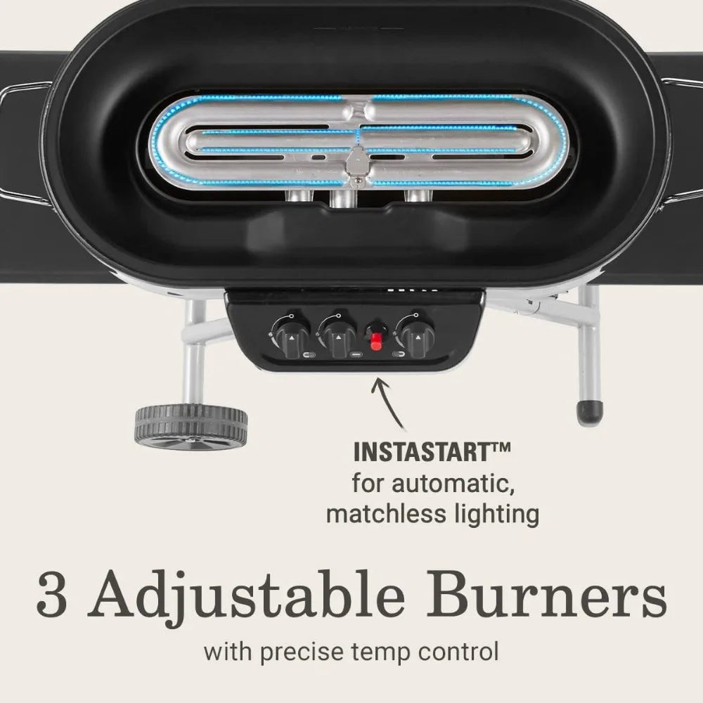 Portable Stand-Up Propane Grill, with 3 Adjustable Burners, Push-Button Ignition