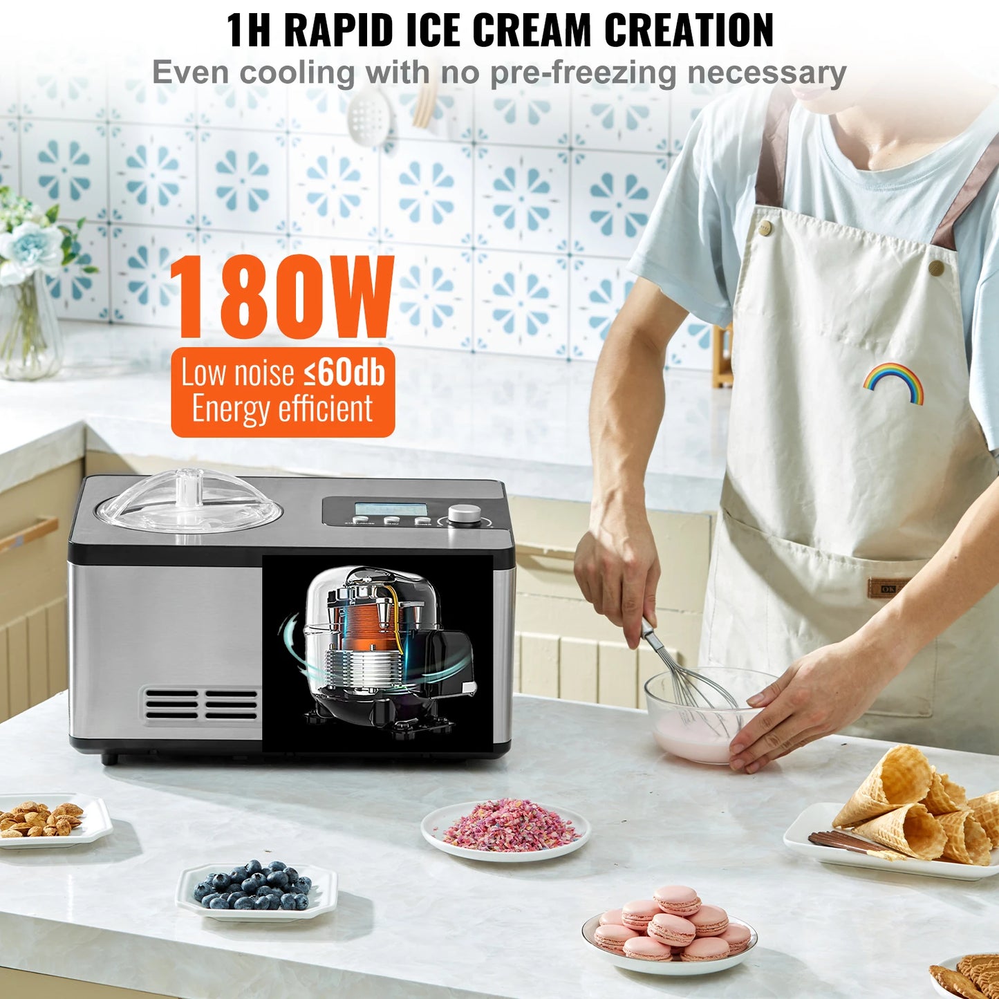 Automatic Ice Cream, Fruit, Yogurt, Sorbet Maker with Built-in Compressor 2 Quart No Pre-freezing