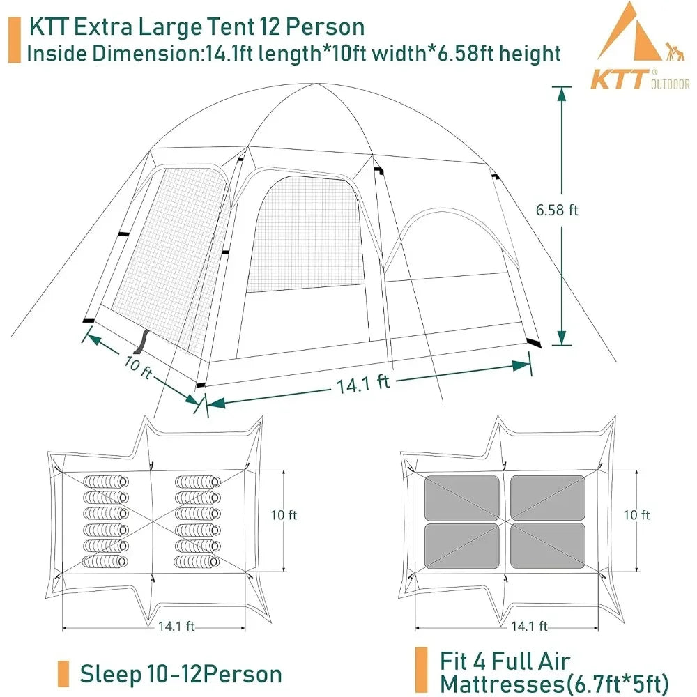 12 Person Camping Tent, 2 Rooms, 3 Doors and 3 Windows with Mesh, Waterproof Double Layer