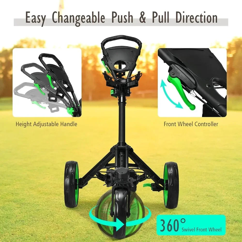 Golf Push Cart with 360° Rotating Front Wheel, Aluminum Collapsible, w/Elastic Strap, Height-Adjustable Handle