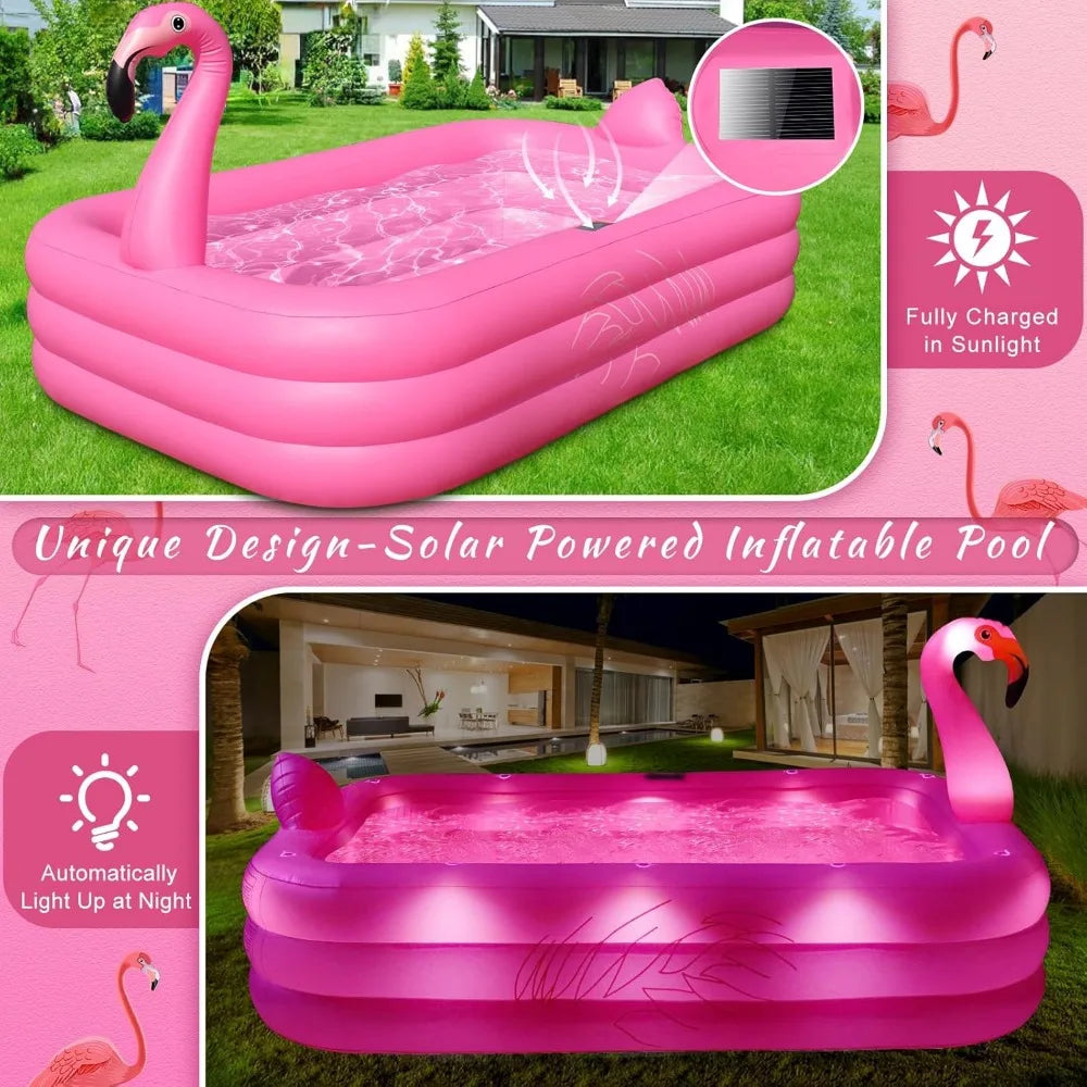 Solar Flamingo Inflatable Swimming Pool with Lights for Kids, Adults