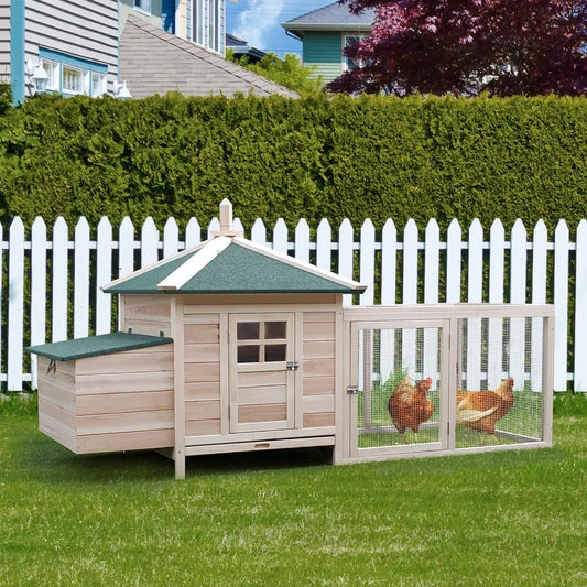 77" Wooden Chicken Coop with Nesting Box, Removable Tray, Ramp Run