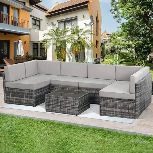 7-piece modular wicker patio furniture set PE rattan with pillowtop cushions and coffee table