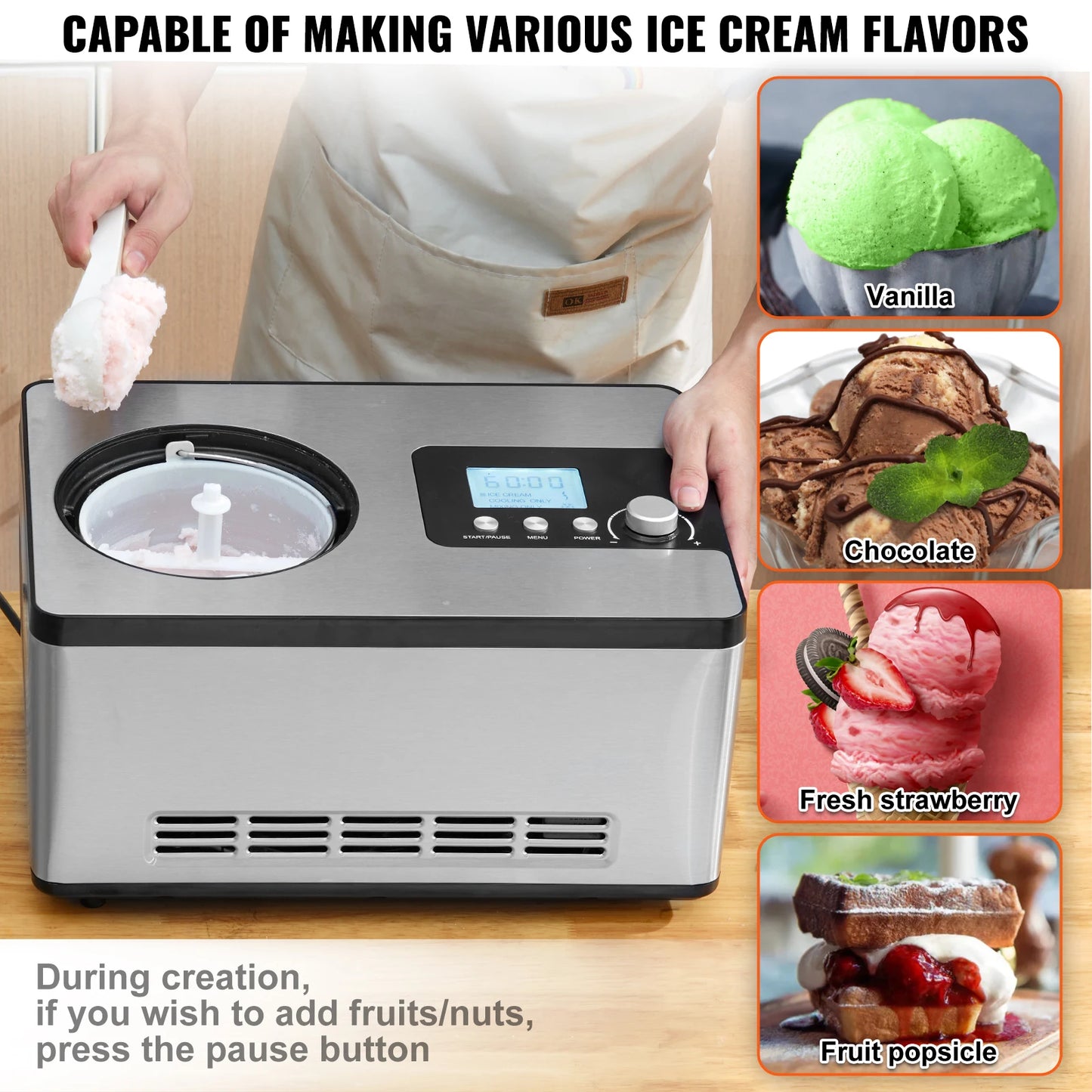 Automatic Ice Cream, Fruit, Yogurt, Sorbet Maker with Built-in Compressor 2 Quart No Pre-freezing