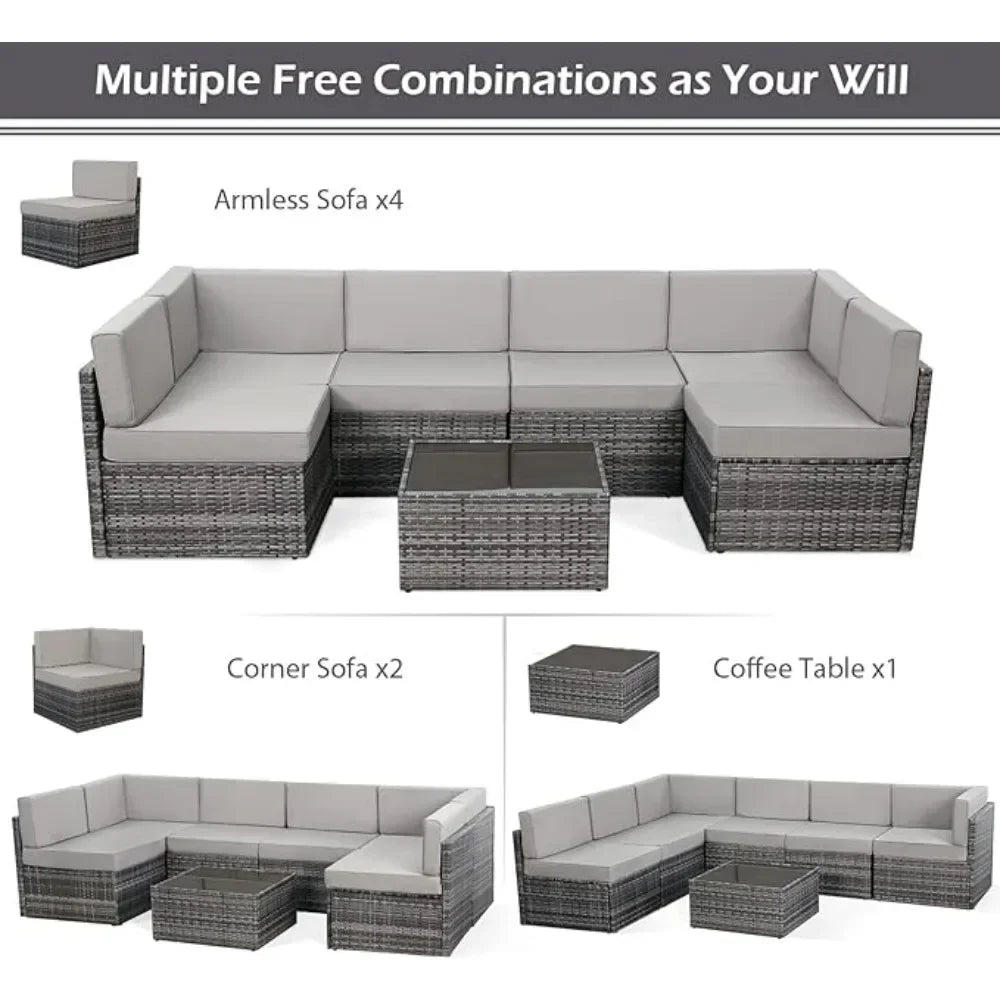 7-piece modular wicker patio furniture set PE rattan with pillowtop cushions and coffee table