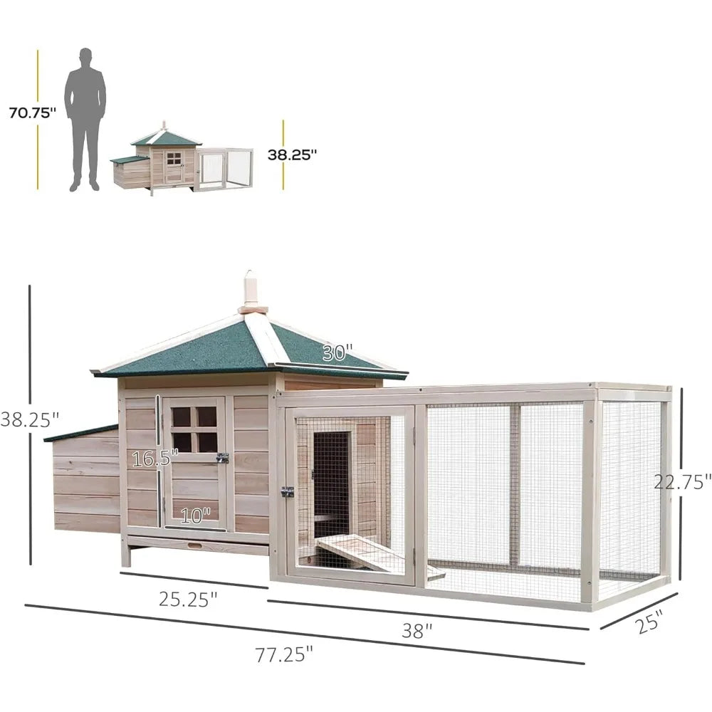 77" Wooden Chicken Coop with Nesting Box, Removable Tray, Ramp Run