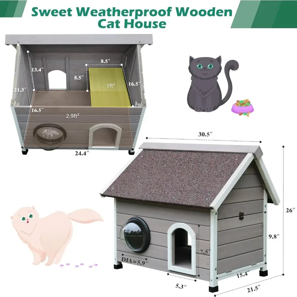 Outdoor Cat House for Feral Cats Clear Window and Attic Beds  Large Interior Space