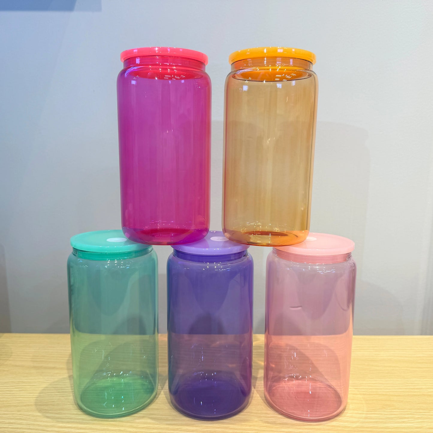 25Packs 16oz Glass Tumbler Transparent Colored Sublimation with Plastic Lid