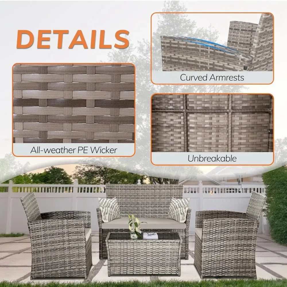 4 Piece Wicker Patio Furniture Set, Rattan Sectional Sofa w/Coffee Table