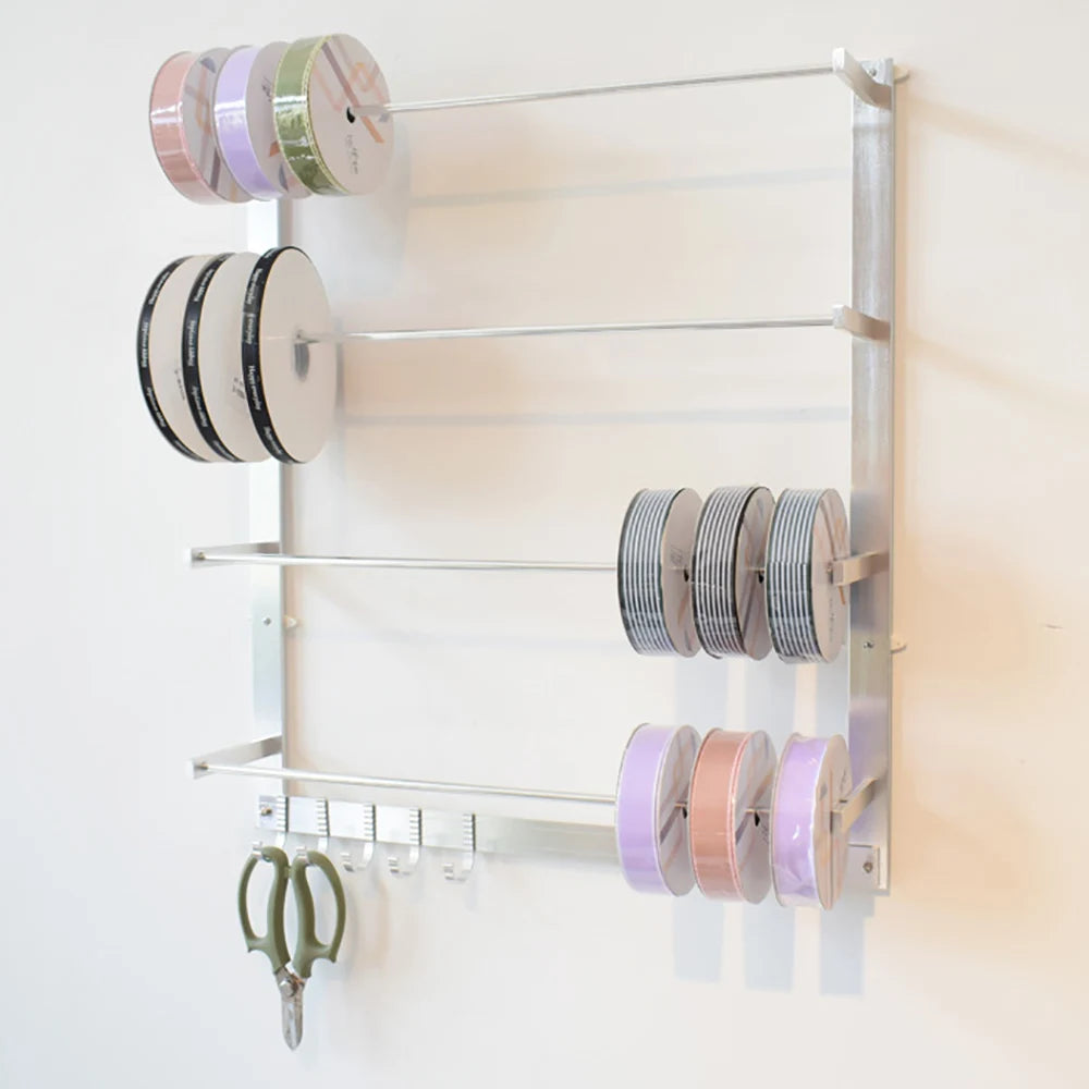 Wall Mount Ribbon Roll Storage Rack Organizer 4 Rods