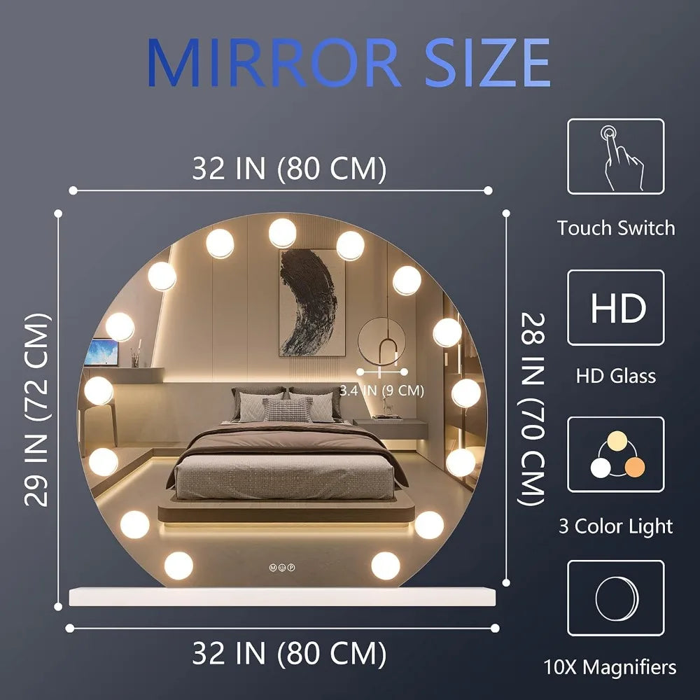 Vanity Mirror with Lights, 32" x 28" 10X Magnification and Smart Touch Dimmable 3 Modes