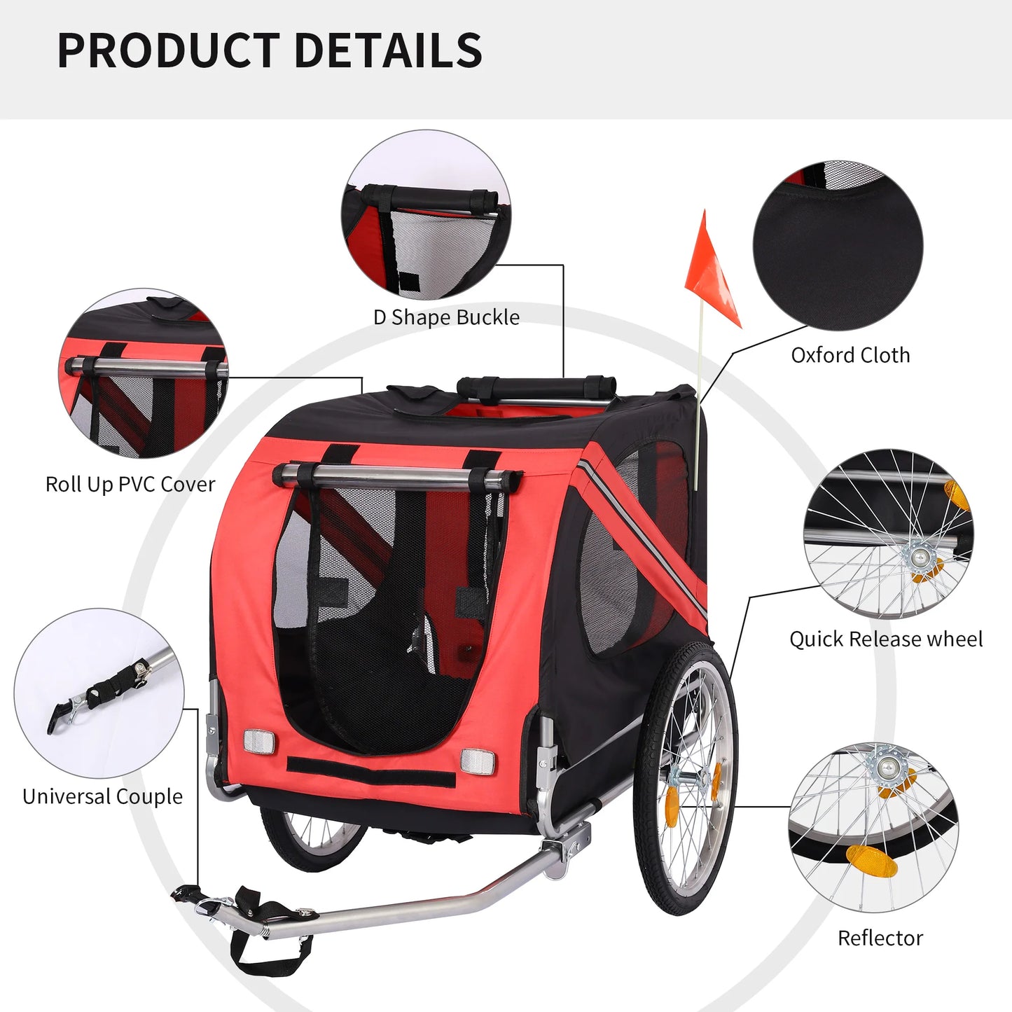 Bicycle trailer for pet foldable waterproof w/ reflector and safety flag up to 88lbs