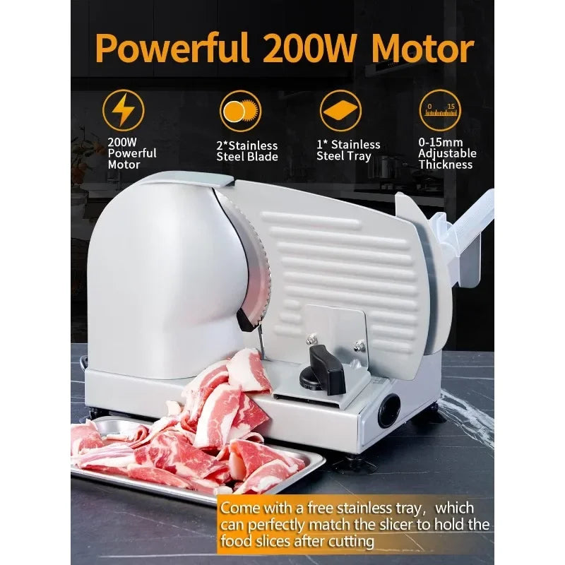 200W Electric Meat Slicer with 2 Removable 7.5" Stainless Steel Blades and Tray