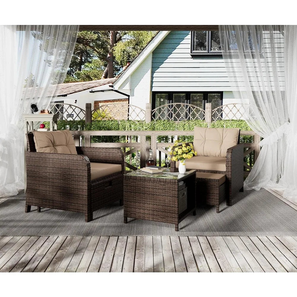 5 Piece, Wicker Garden Furniture Set with Soft Cushions 2 Ottoman & Glass Table