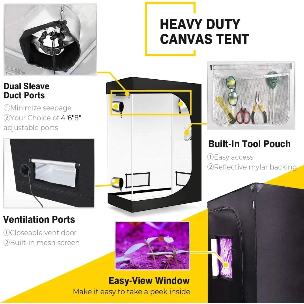 48"x24"x60" Hydroponic Grow Tent with Observation Window and Removable Floor Tray, 2 X 4 Ft