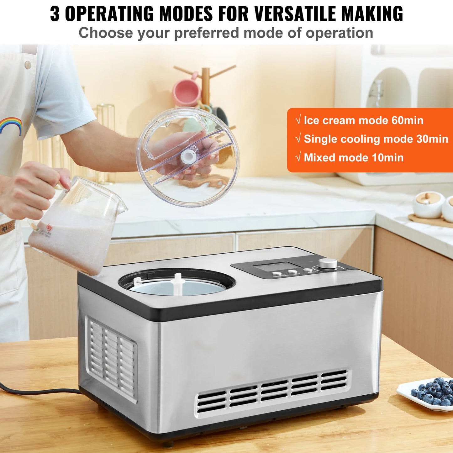 Automatic Ice Cream, Fruit, Yogurt, Sorbet Maker with Built-in Compressor 2 Quart No Pre-freezing