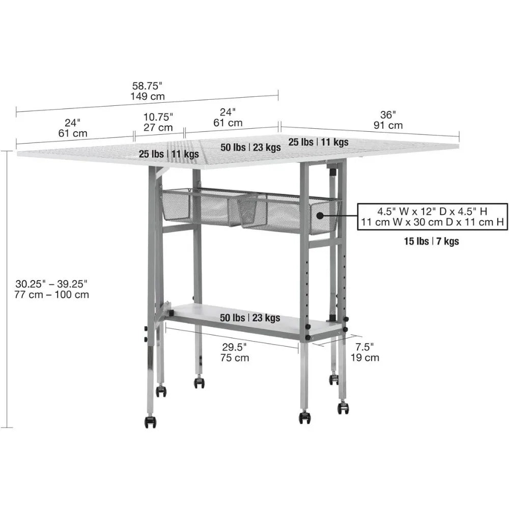 Hobby and Cutting Grid Table - 58.75" W x 36.5" D with Grid Top and  Storage Drawers