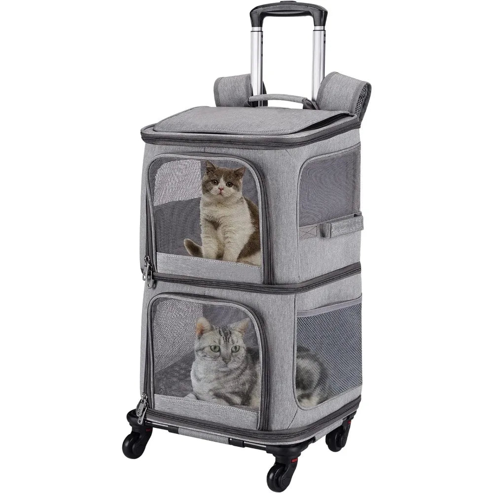 Double Rolling Pet Carrier Backpack with Wheels for Small Cats and Dogs