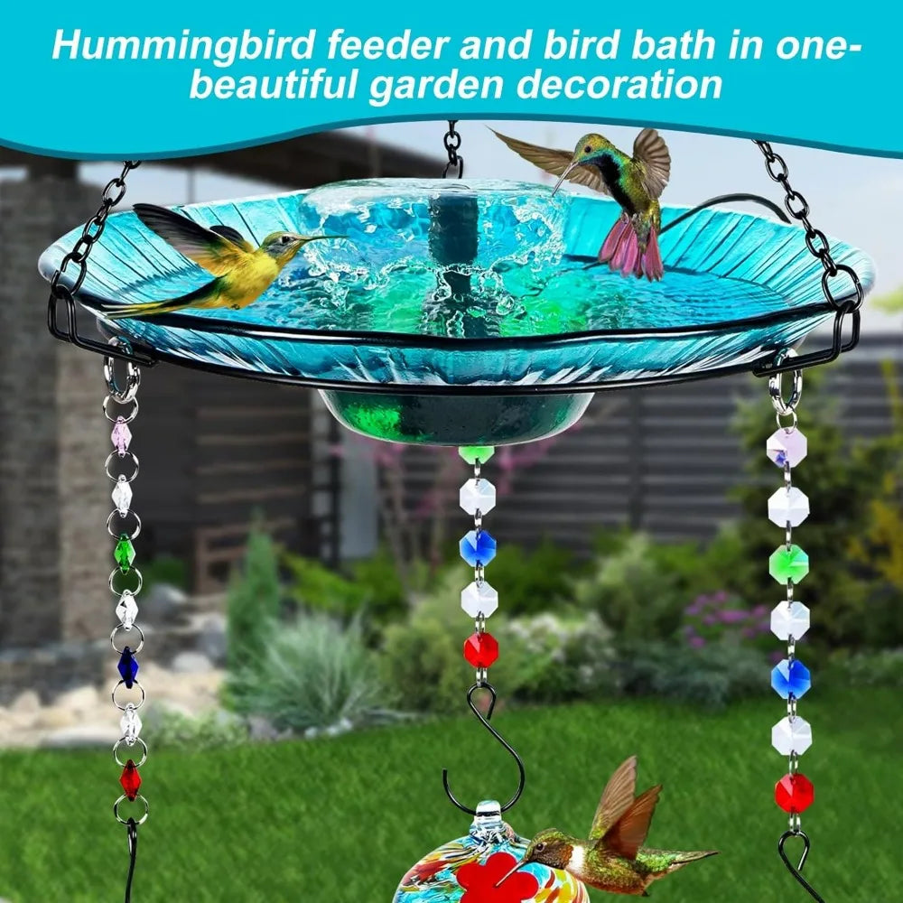 Hanging Solar Hummingbird Feeder and Bird Bath for Outdoors 2-in-1