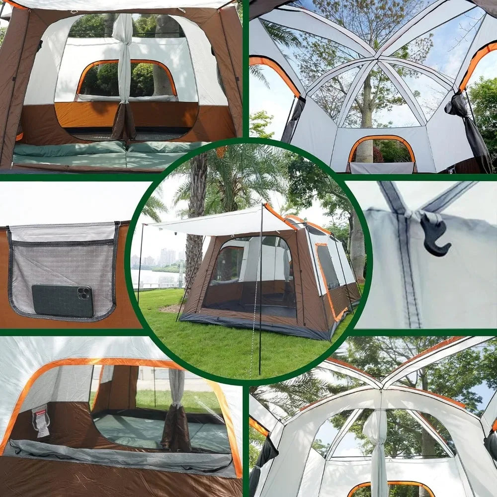 12 Person Camping Tent, 2 Rooms, 3 Doors and 3 Windows with Mesh, Waterproof Double Layer