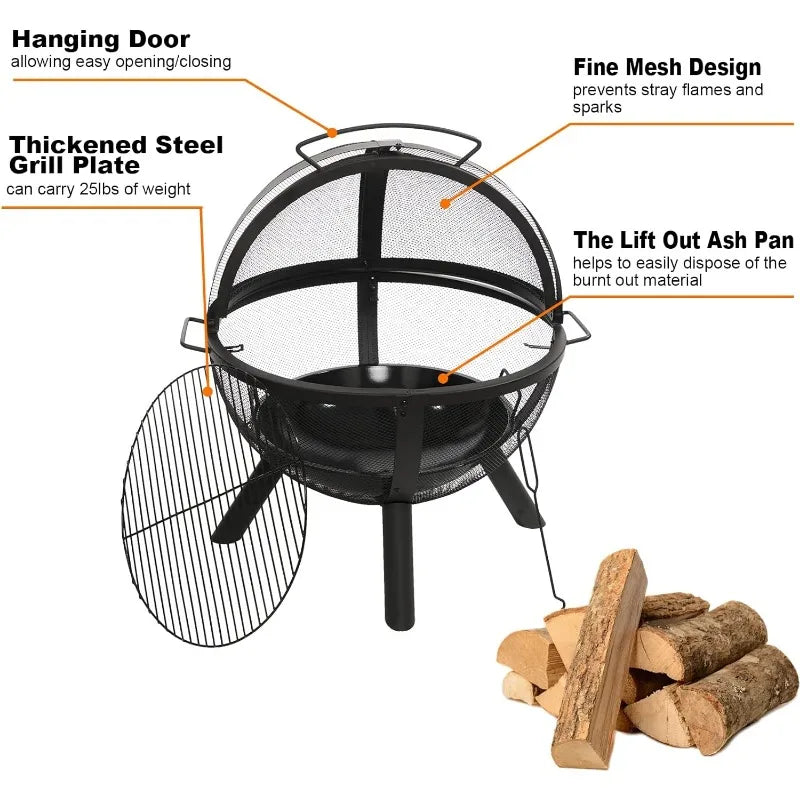 35" Outdoor fire with BBQ Grill Globe for Camping, Heating, Bonfire and Picnic