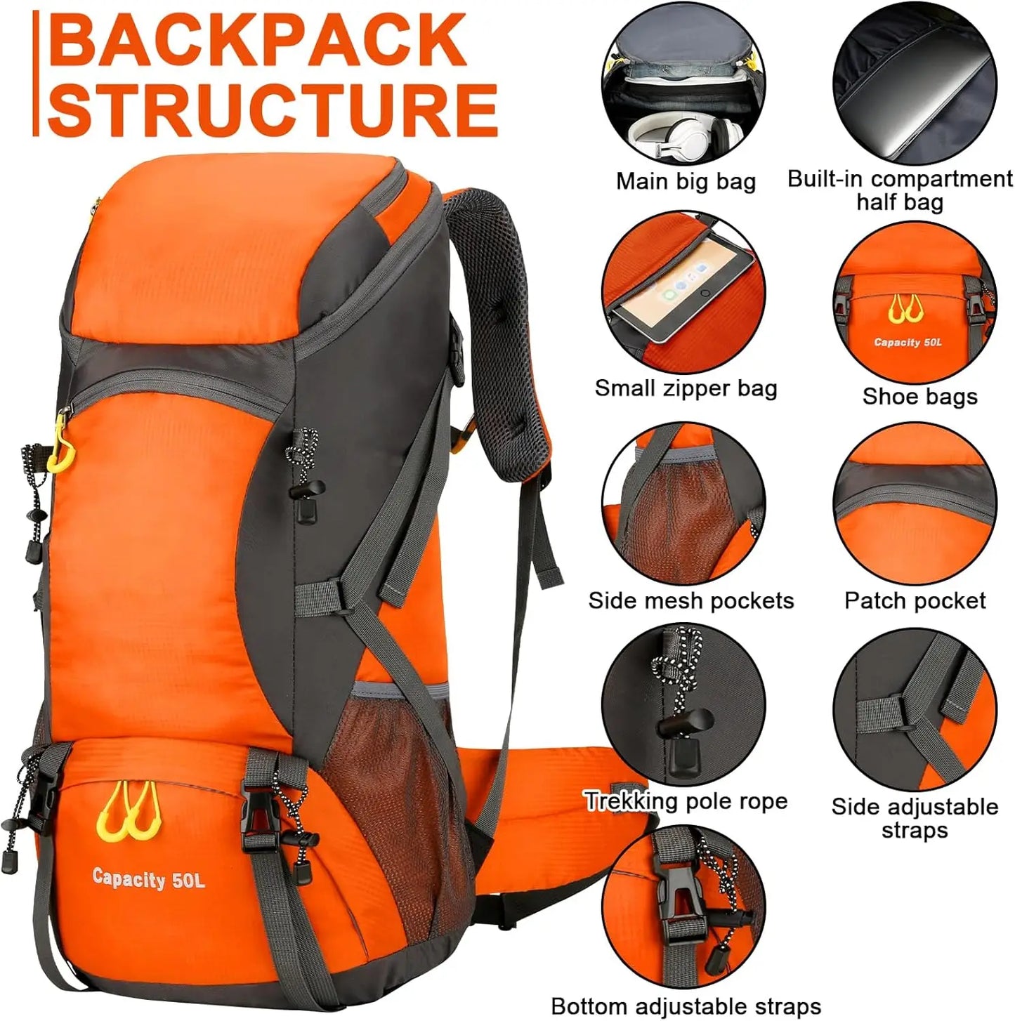 Waterproof 50L Lightweight Backpack with Rain Cover for Camping Trekking Hiking Walking Outdoor Sports