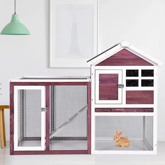 Indoor Outdoor Wooden Rabbit Hutch with Run Waterproof Roof & Pull Out Tray