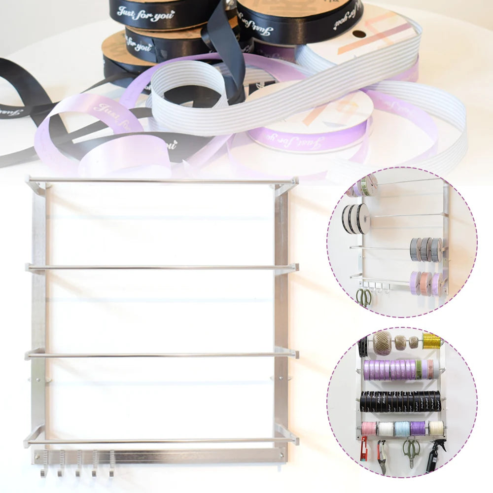 Wall Mount Ribbon Roll Storage Rack Organizer 4 Rods