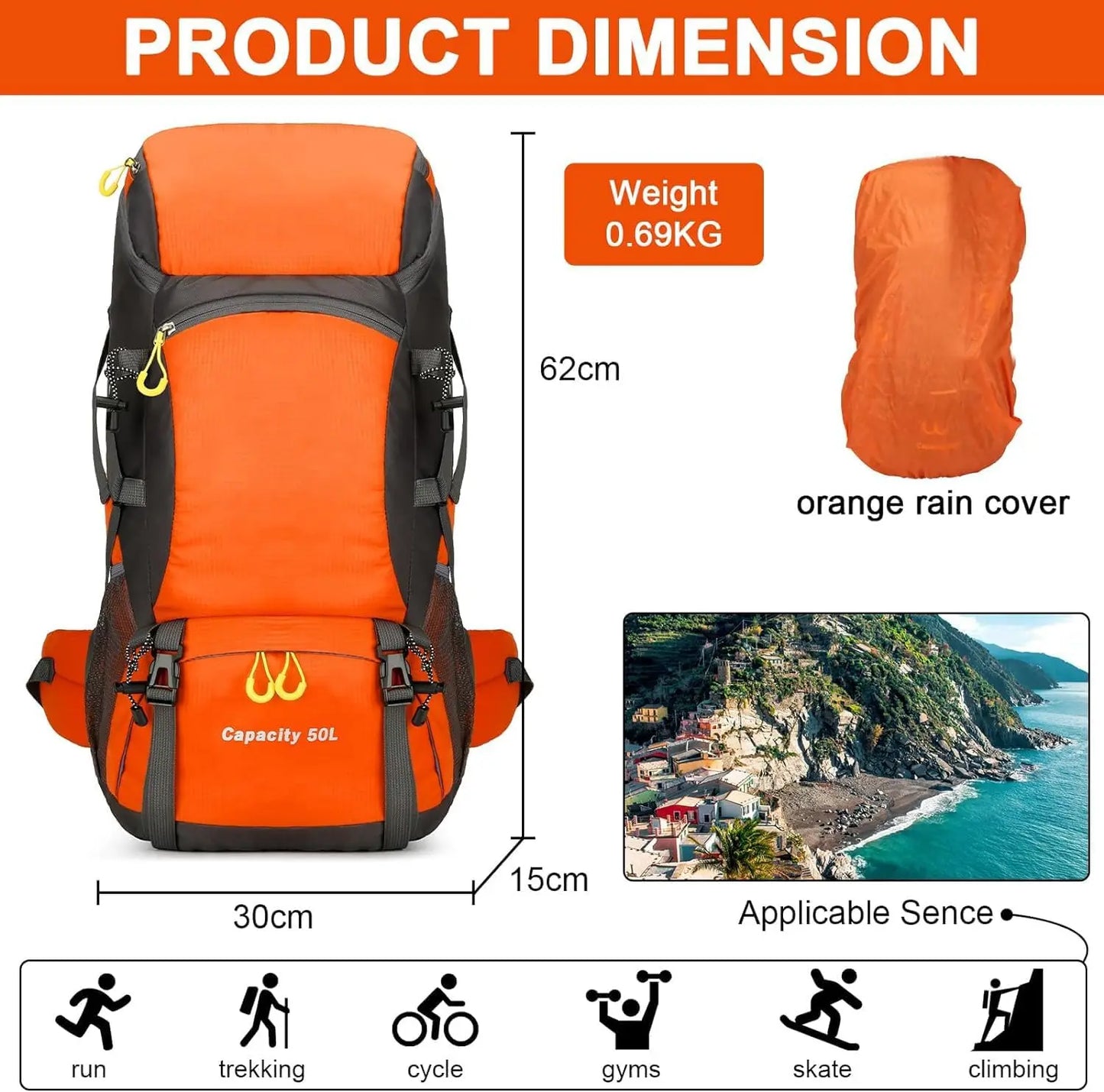 Waterproof 50L Lightweight Backpack with Rain Cover for Camping Trekking Hiking Walking Outdoor Sports