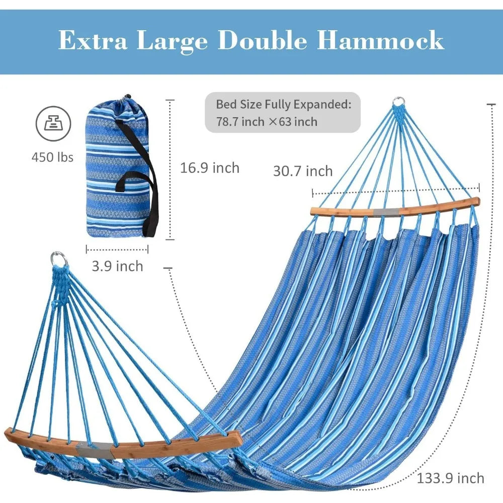 Double Hammock with Curved Spreader Bar, Portable with Carrying Bag & Tree Straps